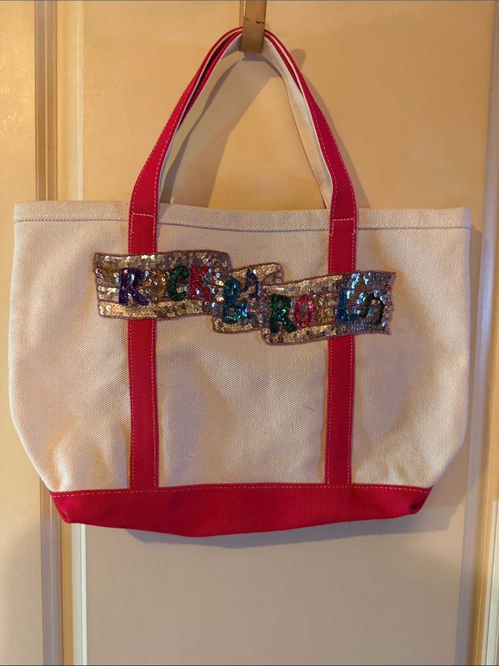 Cream Canvas Tote with Red Trim and Sequin Patch Accent